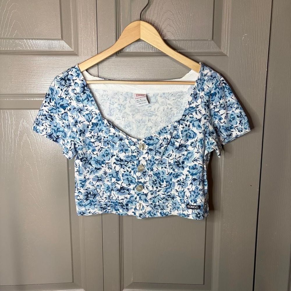 Bongo Vintage Y2K Blue Floral Button Up Crop Top Square Neck Womens Medium USA